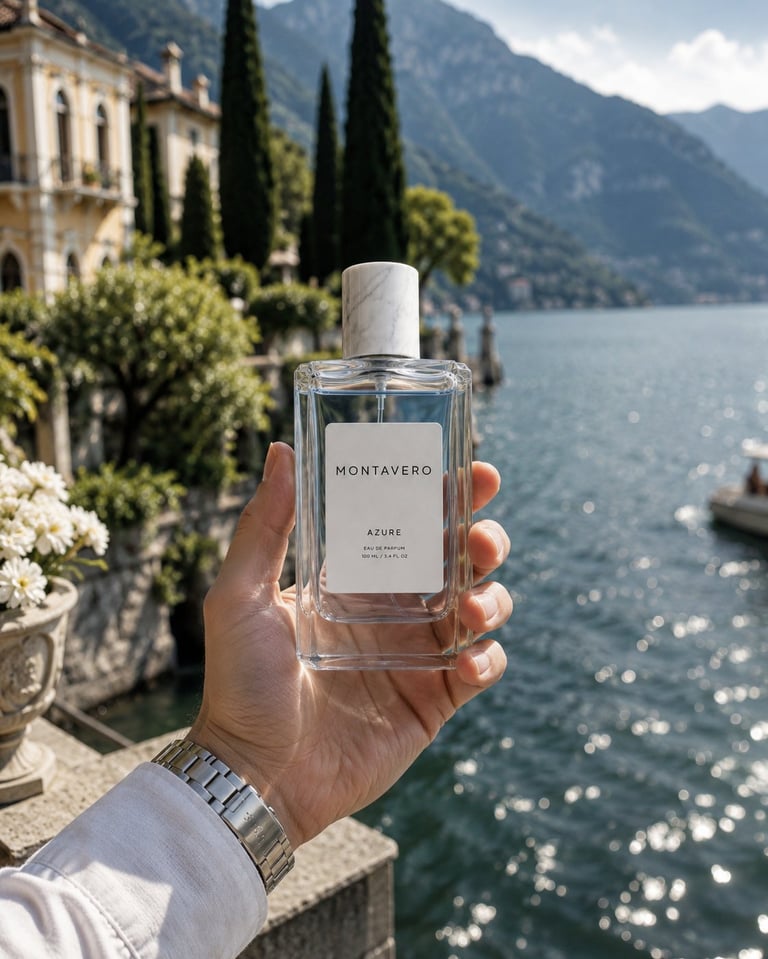 Hand holding Montavero Azure perfume bottle overlooking Italian lake with villa and mountains in background