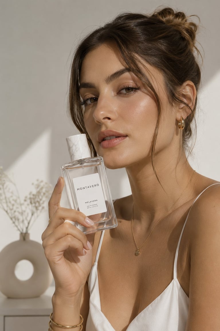 Woman holding a Montavero perfume bottle near her face against a neutral background with minimalist decor