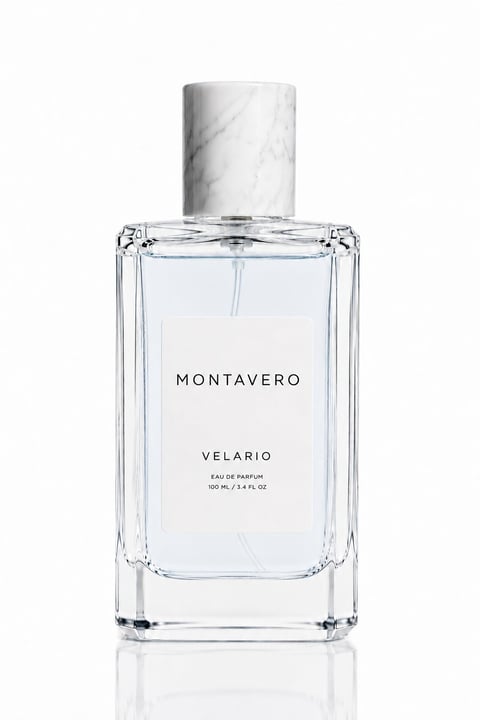 Montavero Velario eau de parfum bottle with marble cap, 100 ml, displayed against white background