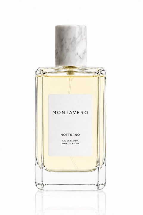 Montavero Notturno eau de parfum bottle with pale yellow liquid, marble cap, and white label on white background