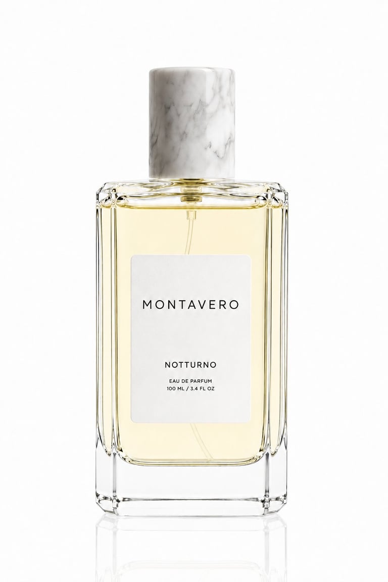 Montavero Notturno eau de parfum bottle with pale yellow liquid, marble cap, and white label on white background