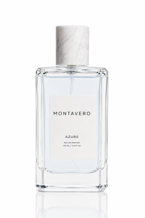 A bottle of Montavero Azure eau de parfum with clear glass rectangular bottle and marble-textured white cap
