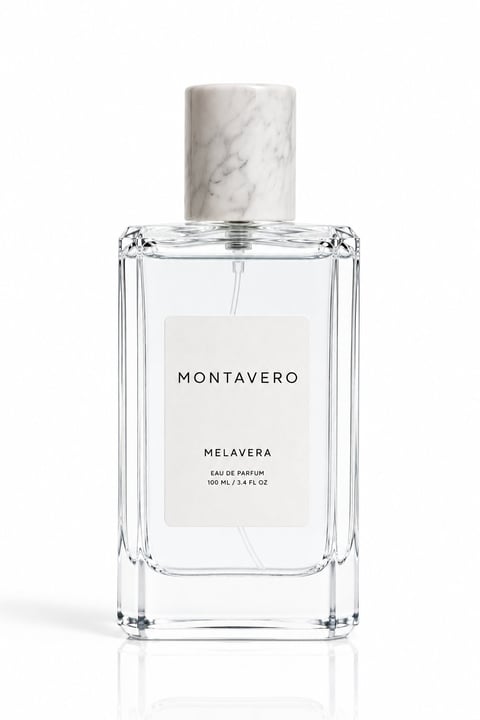 Montavero Melavera eau de parfum bottle with marble cap and clear glass body on white background