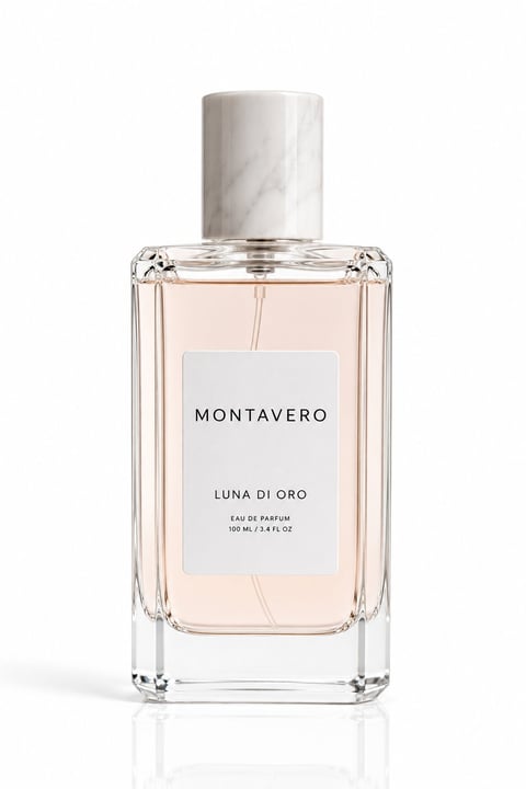 Clear glass perfume bottle with marble top containing pale pink liquid, labeled MONTAVERO LUNA DI ORO Eau de Parfum 100mL