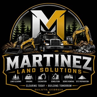 Martinez Land Solutions logo featuring heavy construction equipment, trees, and service icons on black background, Duluth Georgia