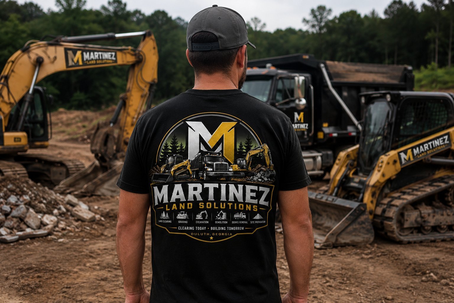 Man wearing Martinez Solutions t-shirt standing at construction site with yellow excavators and heavy equipment in background