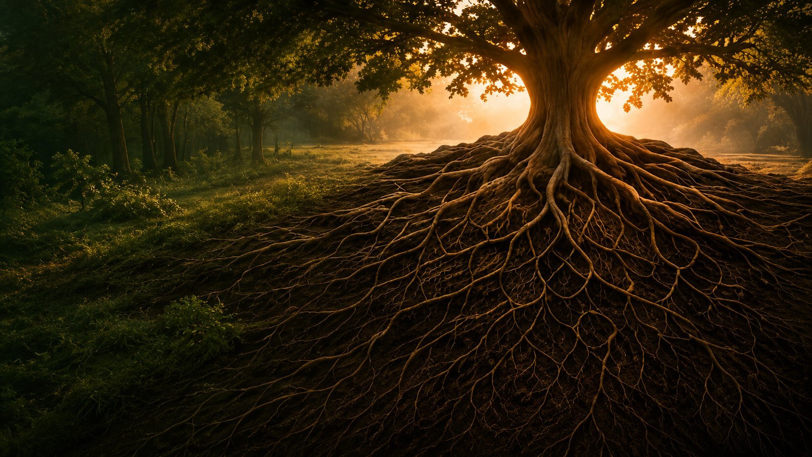 Large tree with exposed root system in misty forest with golden light in background