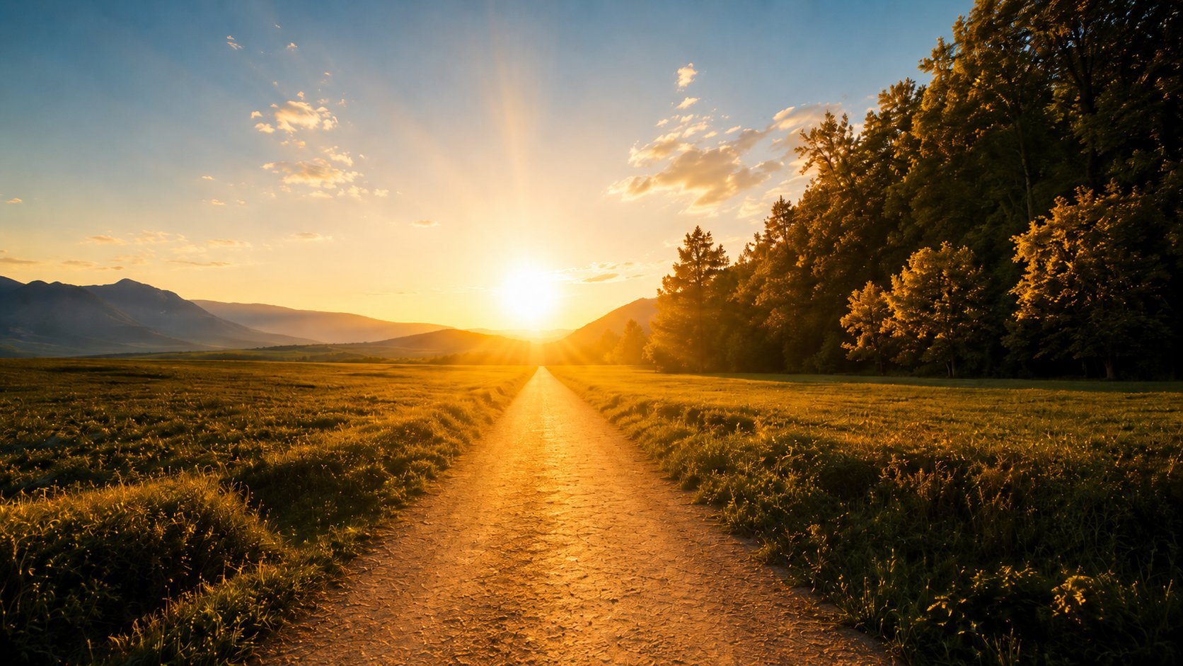 Dirt path leading toward sunset between open field and forested hills with golden light