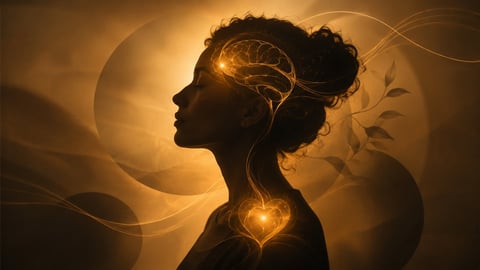 Silhouette of a woman's profile with a glowing brain and heart, surrounded by warm golden light and flowing abstract elements