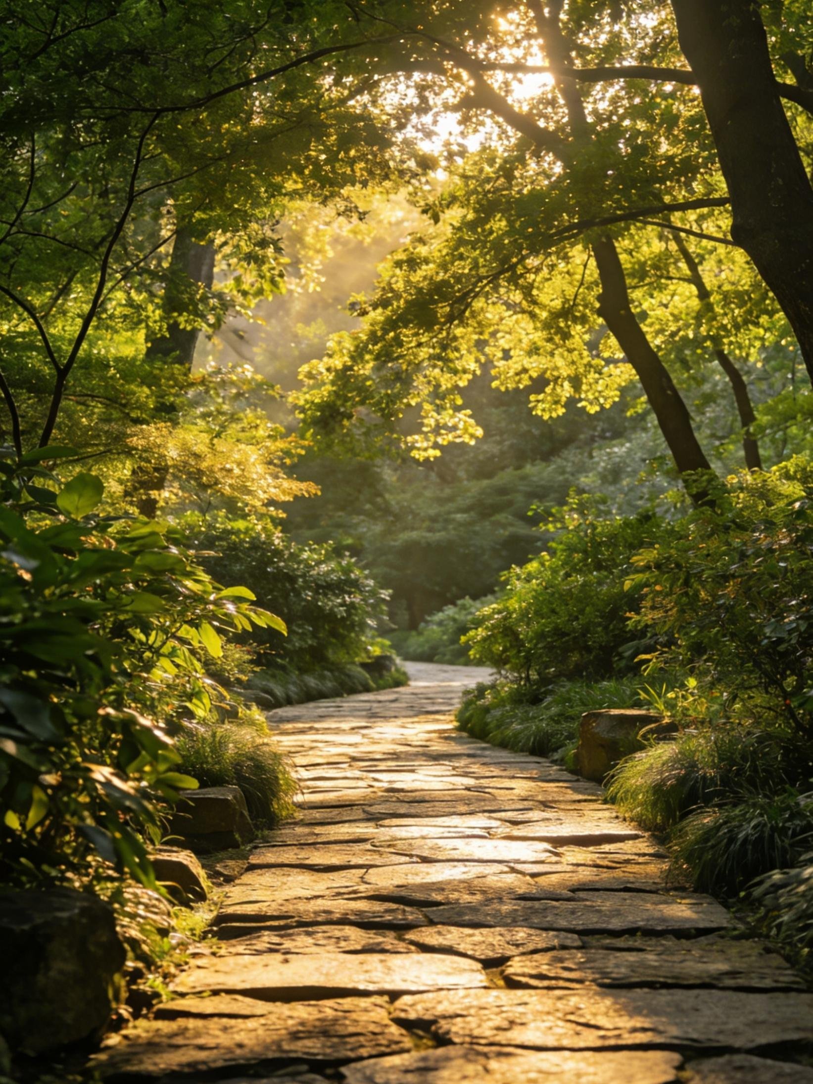 Stone pathway through lush green forest canopy with golden sunlight filtering through the trees