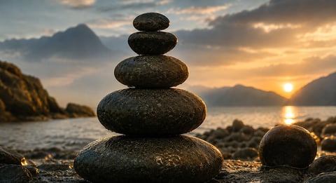 Stack of balanced rocks on a beach at sunset with mountains and water in the background