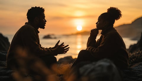 Two people silhouetted against a golden sunset by the water, sitting and conversing face to face