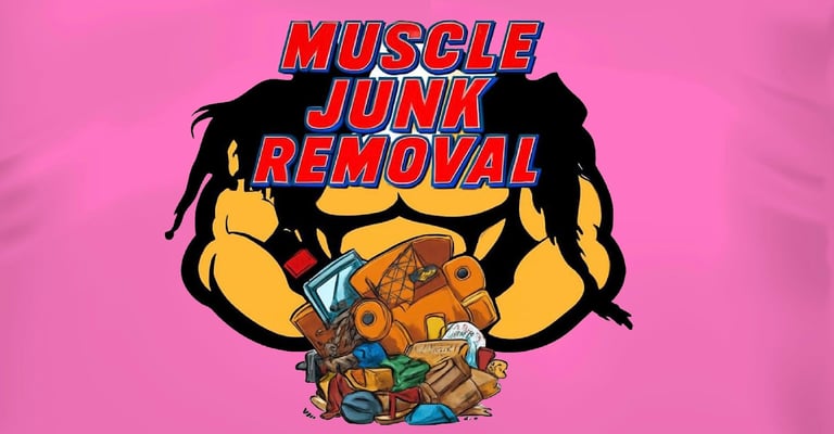Muscle Junk Removal logo with muscular arms holding debris and junk on pink background