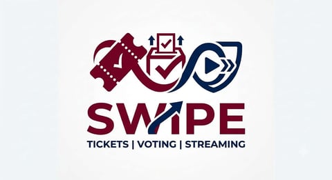 SWIPE logo featuring ticket, voting, and streaming icons with tagline for tickets, voting, and streaming services