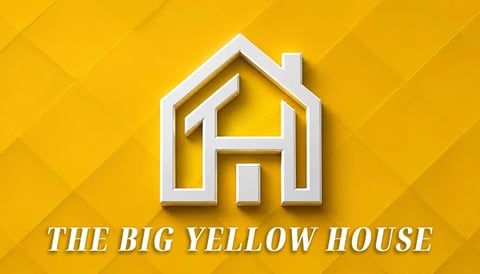 White house icon outline on yellow background with text The Big Yellow House below