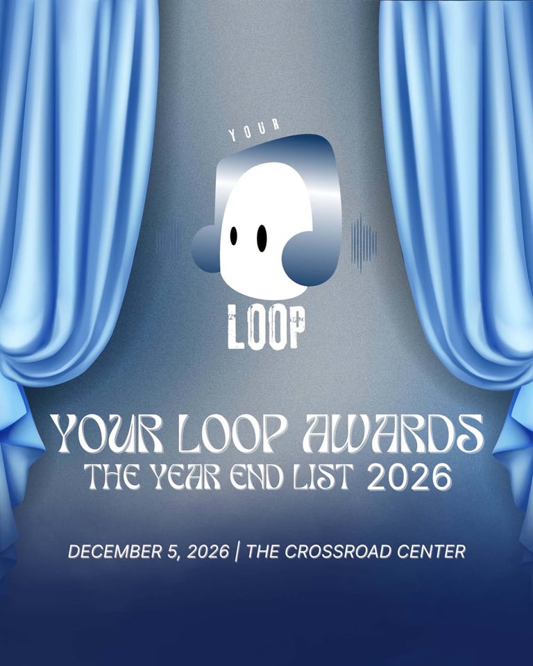 Your Loop Awards 2026 event poster featuring a stylized ghost logo between blue velvet curtains