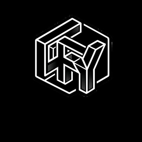 White line drawing of an isometric cube with geometric shapes and patterns on a black background