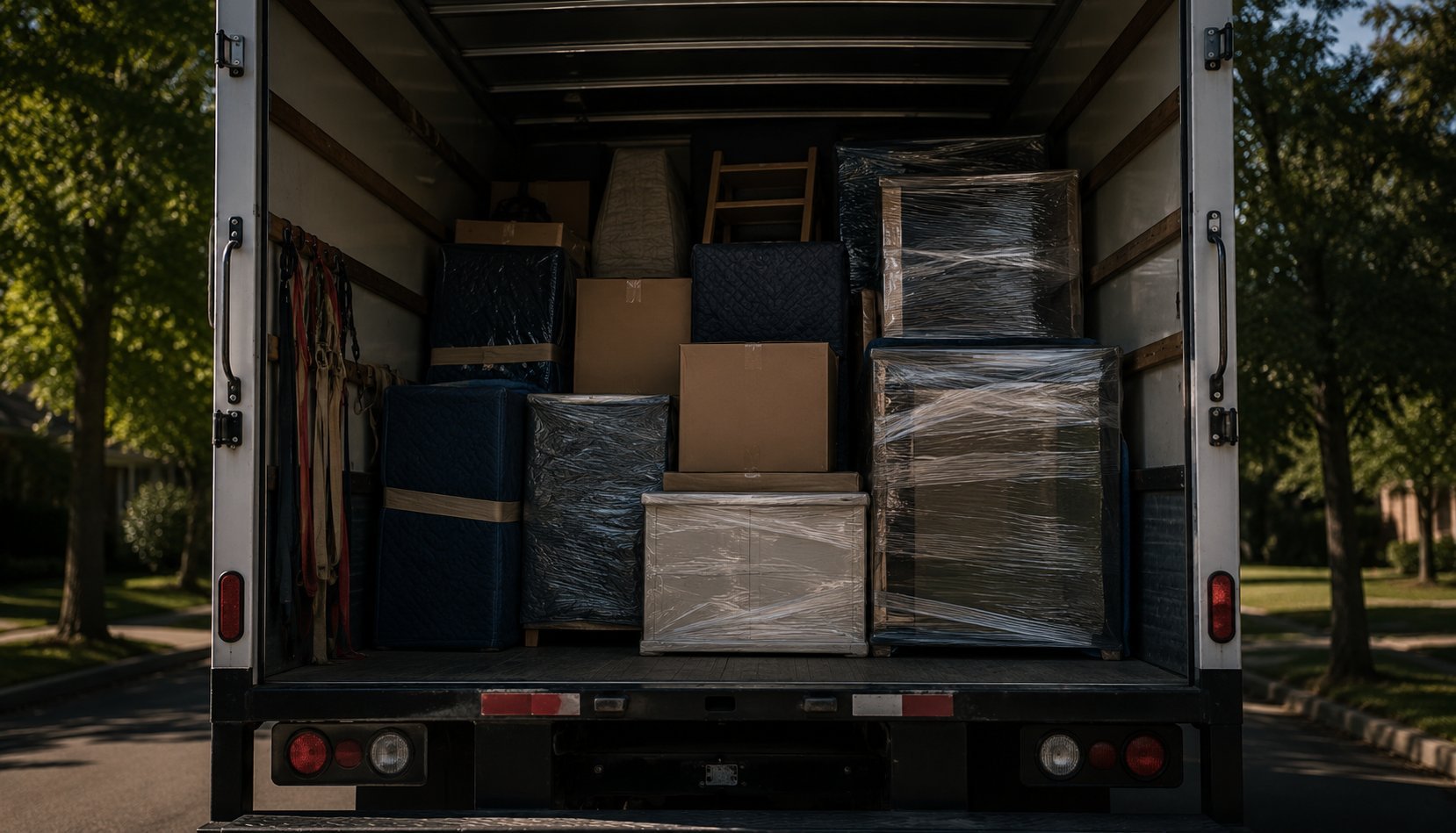 Open moving truck loaded with cardboard boxes and wrapped furniture items, parked on a tree-lined street
