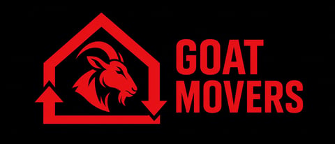 Red GOAT MOVERS logo featuring a goat head inside a house outline on black background