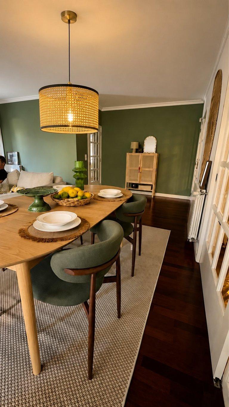 Modern dining room with wooden table, green upholstered chairs, woven pendant light, and sage green walls with white trim