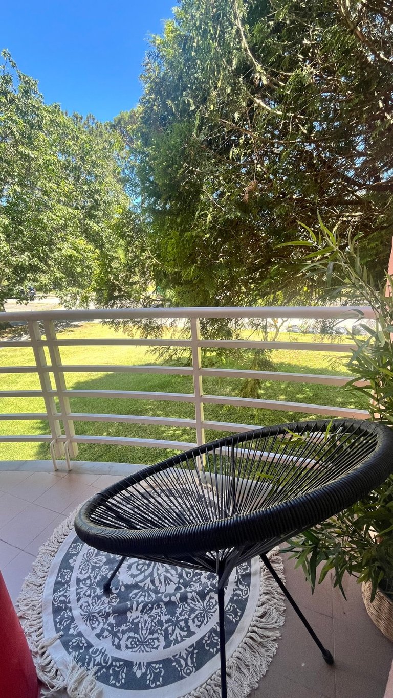 Black woven chair on a patio overlooking a grassy field with large green trees and a white fence