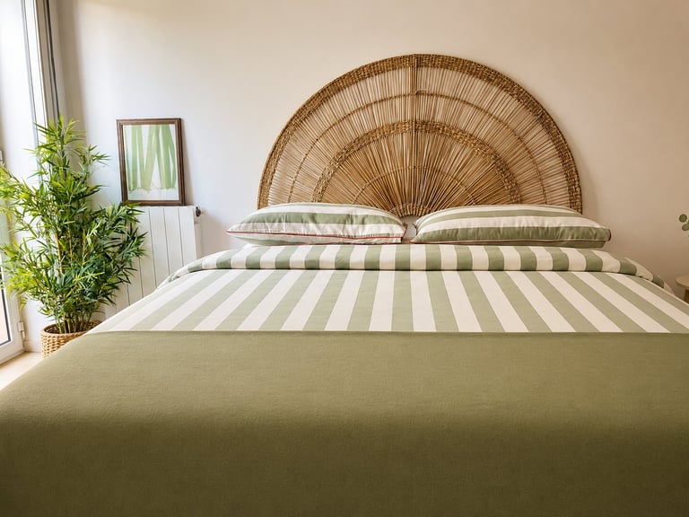 Bedroom with a bed featuring green and white striped bedding and a large woven rattan semicircular headboard