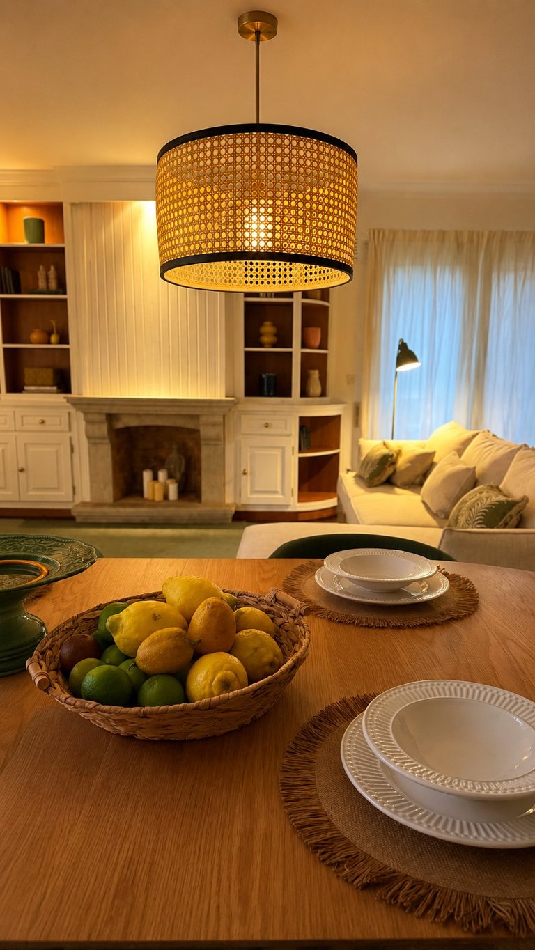 Modern dining room with woven pendant light above wooden table set with place settings and fruit bowl, fireplace and built-in shelving visible behind