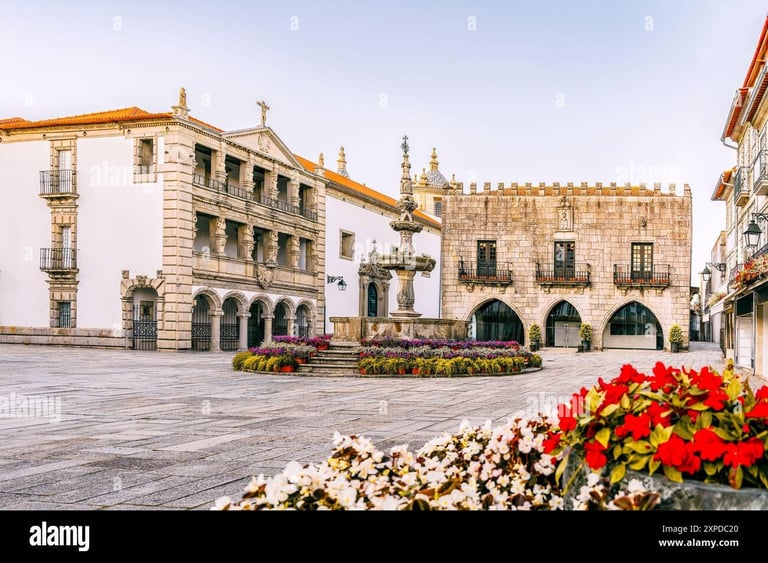 Colonial plaza with ornate stone buildings, decorative fountain, and red and white flowers in foreground