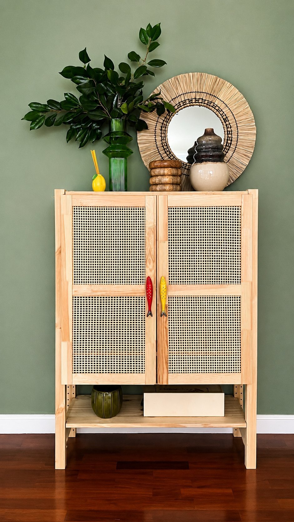 Light wood cabinet with rattan mesh doors against sage green wall, topped with green vase holding foliage, yellow bottle, decorative fan, and ceramic vessels