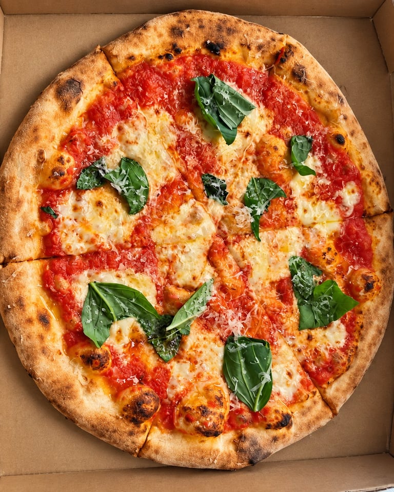 Gee Jay's Margherita pizza in cardboard box with tomato sauce, mozzarella cheese, fresh basil leaves, and charred crust