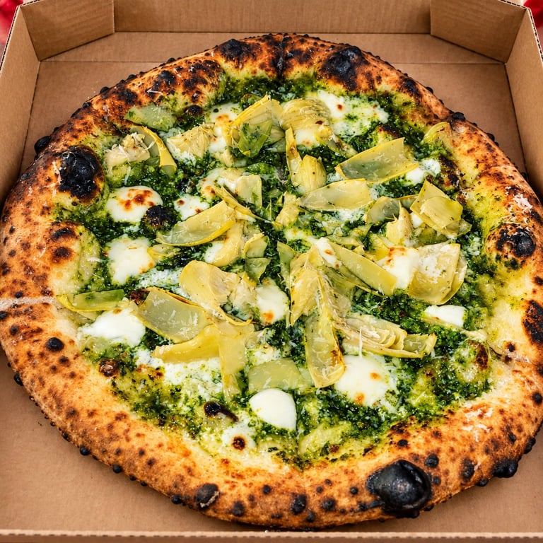 Gee Jay's The Green One wood-fired pizza with pesto, fresh mozzarella, and artichoke slices in a cardboard delivery box