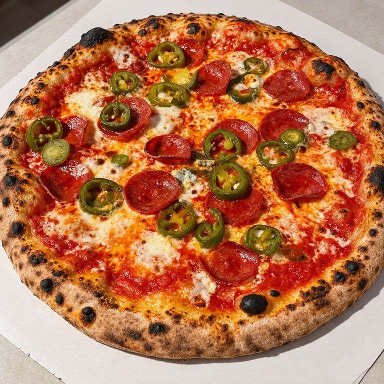 Gee Jay's Hot and Peppy wood-fired pizza with pepperoni, jalapeños, and cheese on a charred crust, served on white parchment paper