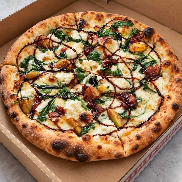 Gee Jay's Figs in a Blanket artisan pizza in cardboard box topped with mozzarella, bacon, potatoes, spinach, and balsamic glaze