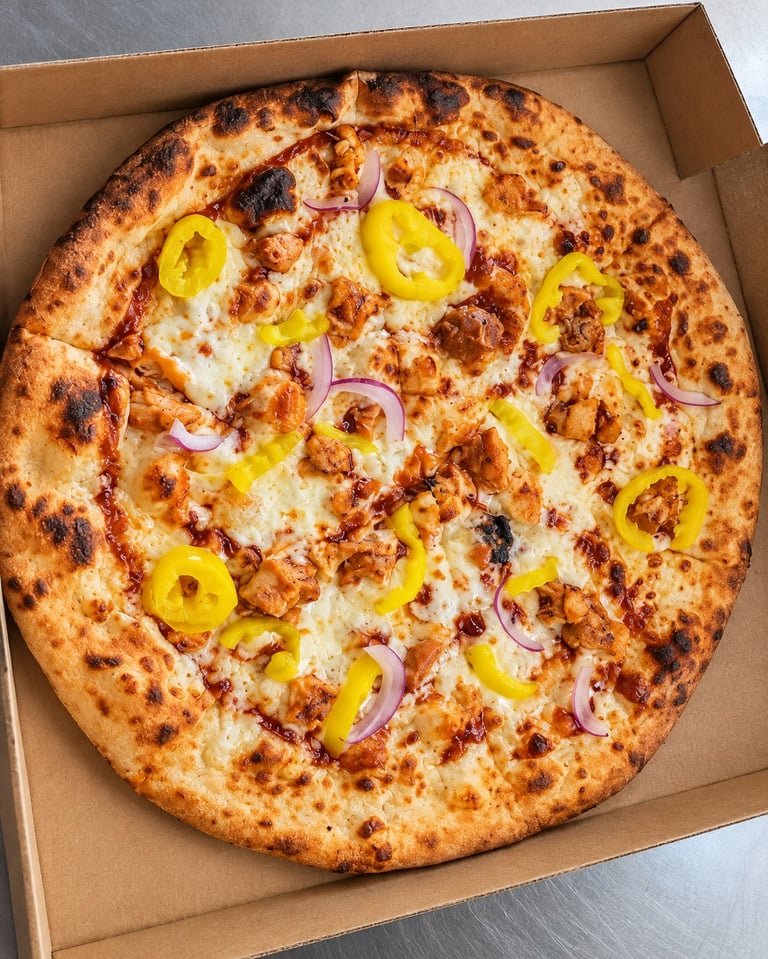 Gee Jay's BBQ pepperoni-style pizza with yellow bell peppers and red onions in a cardboard delivery box