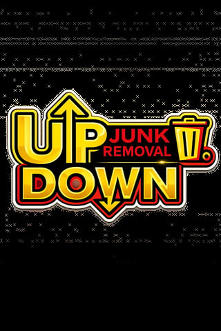 Up Down Junk Removal logo with yellow text, red accents, and directional arrows on black background