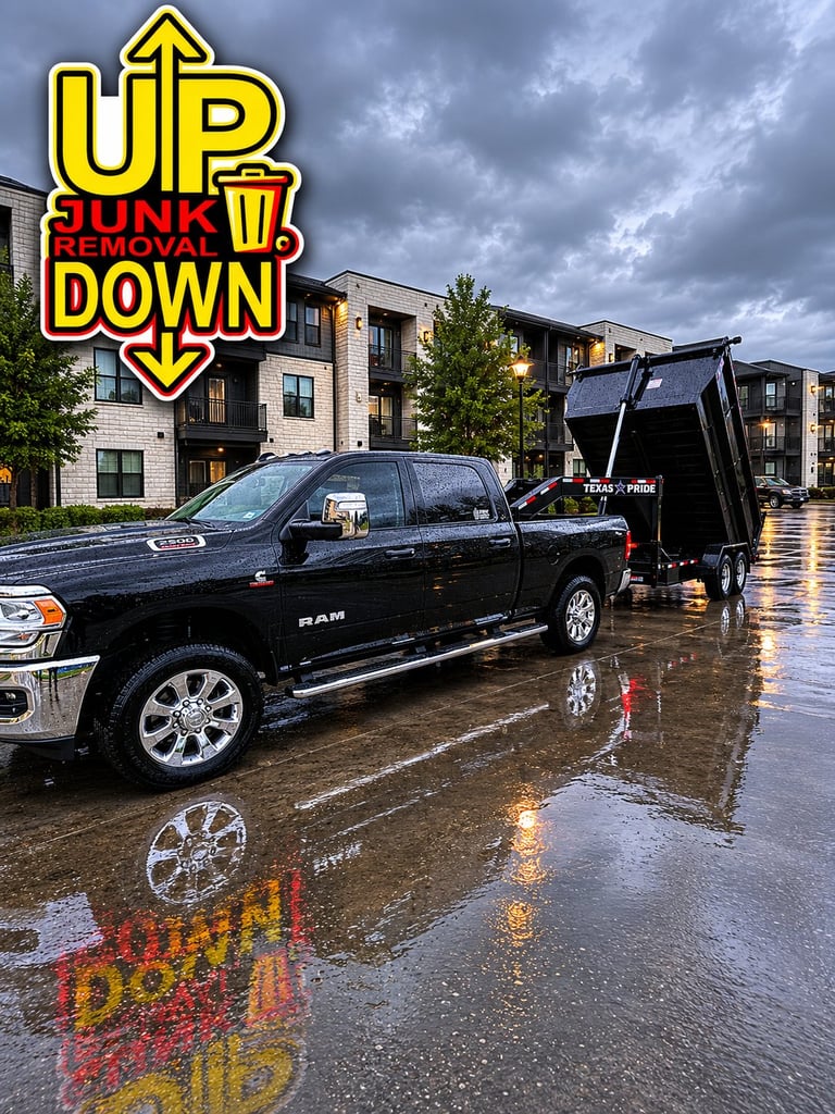 Black RAM pickup truck with open dumpster bed advertising junk removal services, parked on wet pavement with storefront buildings in background