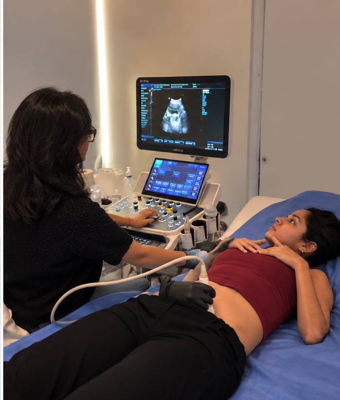 Especialista realizando un ultrasonido abdominal a una paciente embarazada recostada en la camilla