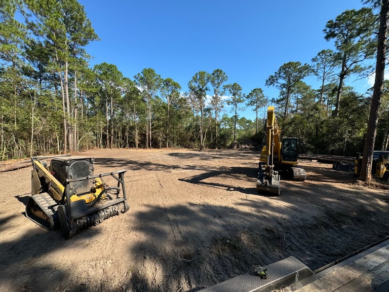 Construction site with yellow bulldozer and excavator on cleared sandy land surrounded by tall pine trees