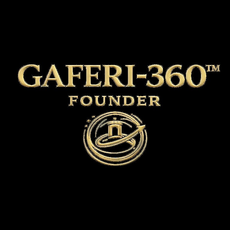 GAFERI-360 Founder logo in gold with circular emblem on black background