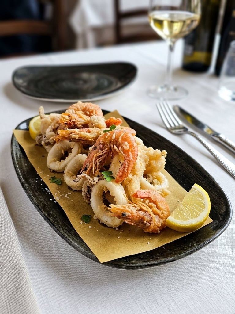 Calamari e gamberi fritti su piatto nero con limone