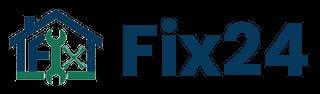 Fix24 logo featuring a house outline with a wrench and circuit board symbol in blue and green