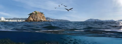 Rocky island rising from blue sea with coastal town in background and birds flying overhead