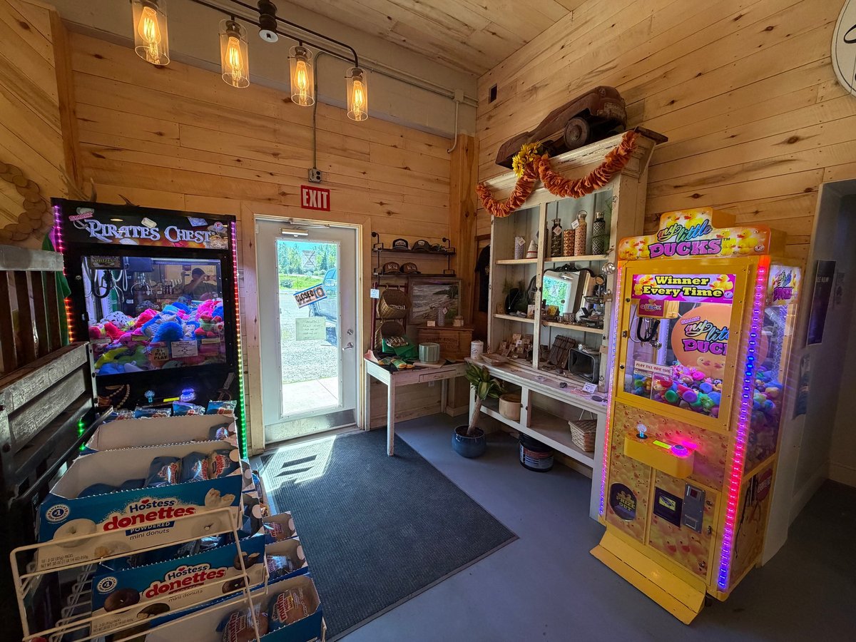 Game room with wood-paneled walls featuring a Pirates Chest arcade game and Wild Ducks prize machine