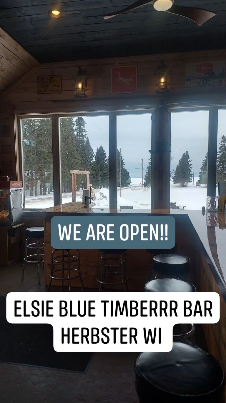 Interior of Elsie Blue Timberrr Bar in Herbster WI showing we are open sign with snowy landscape visible through large windows