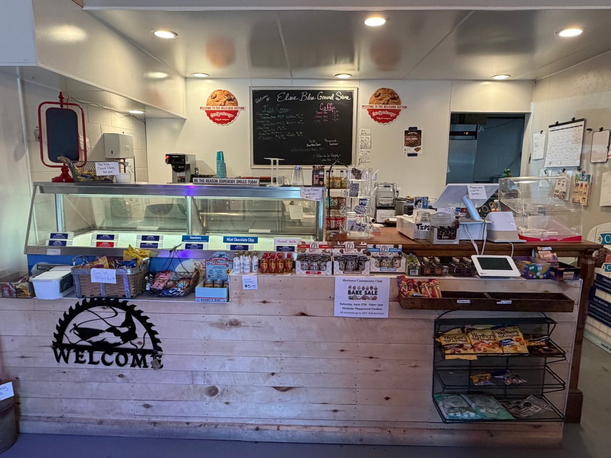 Welcome counter at Elsie Blue General Store with chalkboard menu, ice cream display case, and baked goods