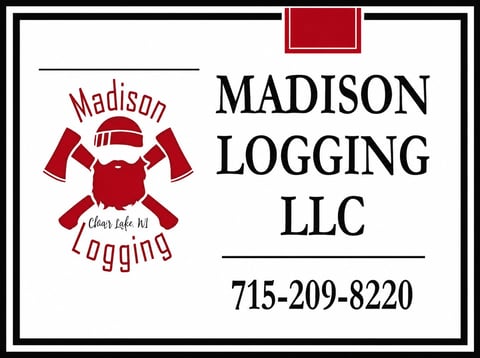 Madison Logging LLC business card with red logo, company name, and phone number 715-209-8220