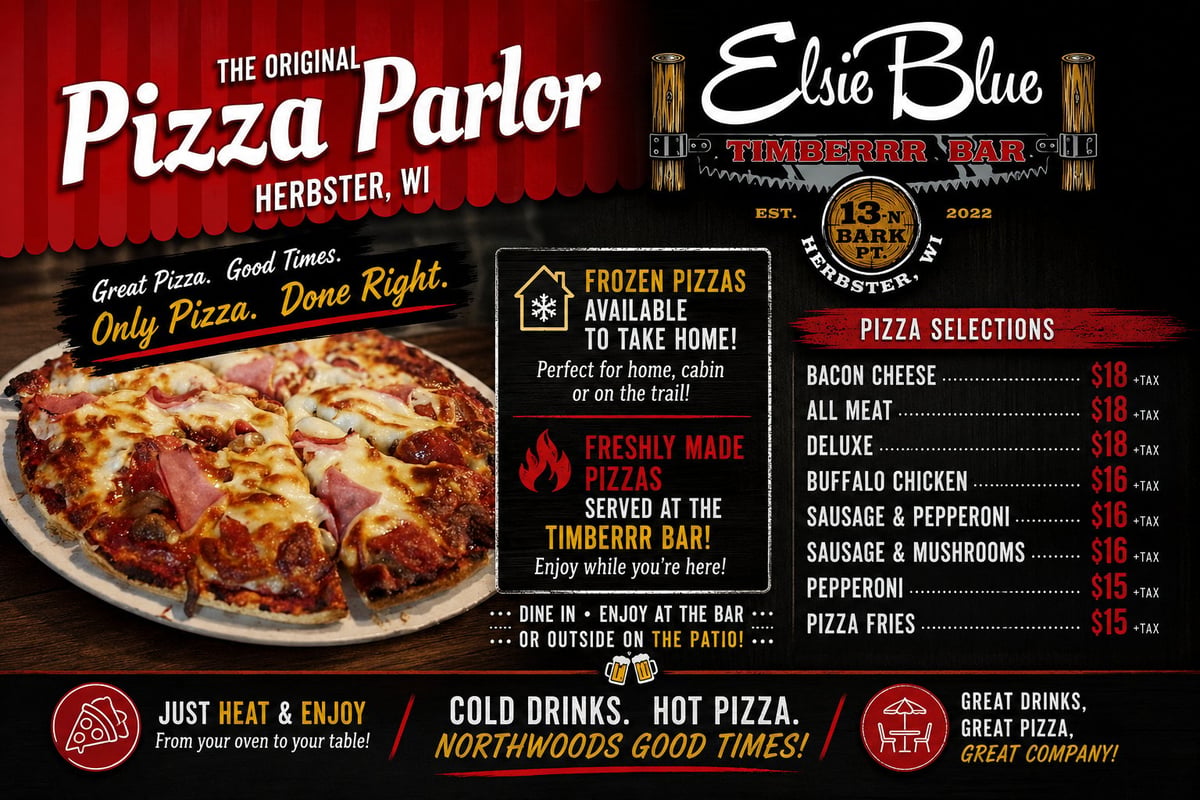 Menu board for The Original Pizza Parlor featuring pizza selections, prices, frozen pizza availability, and Elsie Blue beer advertisement