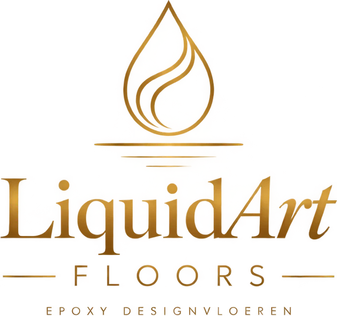 LiquidArt Floors logo featuring a gold droplet icon and elegant serif text on black background