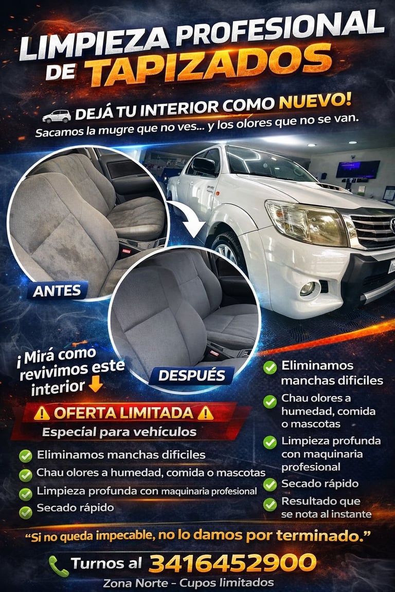 Professional car upholstery cleaning service advertisement showing before and after results of a white vehicle interior, with service details and contact number
