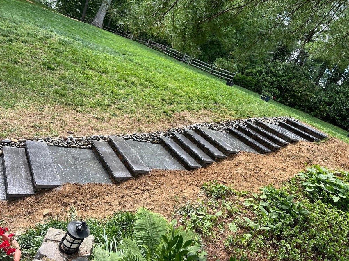 Outdoor landscape with black rubber landscape edging installed along a sloped hillside covered in green grass, with trees in background